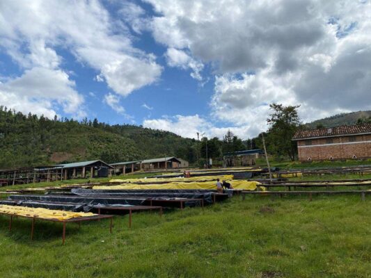 Vista panorámica de la estación de lavado de café Karambi en Ruanda, rodeada de paisajes montañosos.